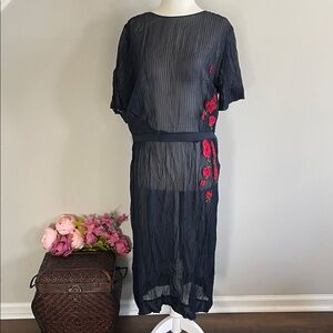Vintage Sheer Navy Dress with Red Floral Details